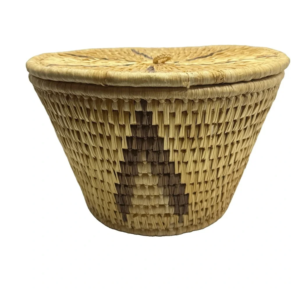 African Lidded Basket Handwoven Raffia Geometric Boho Afrohemian Decor Storage